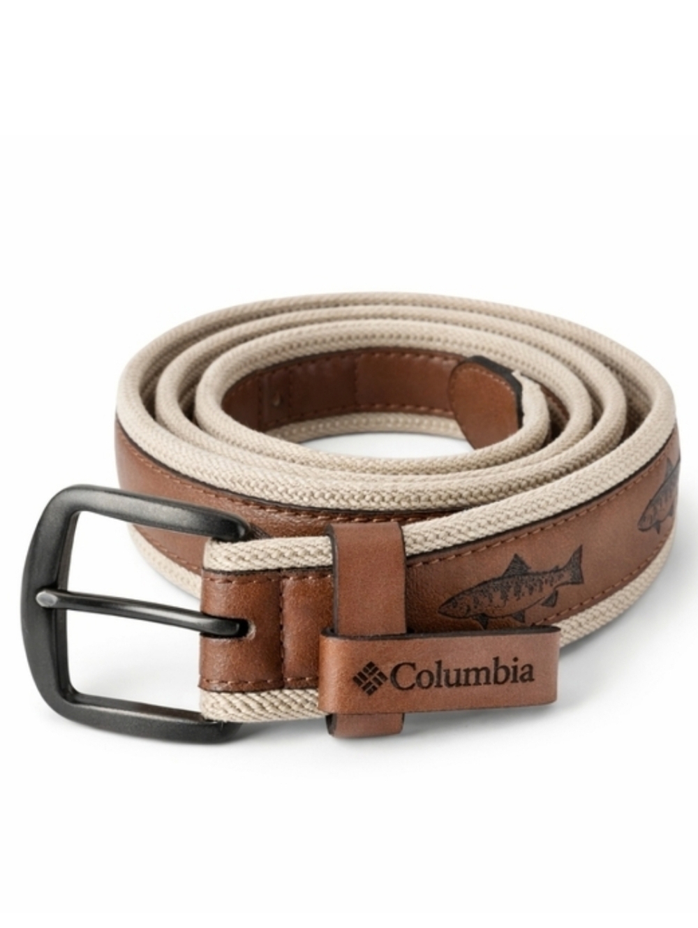 Columbia Canvas Leather Belt Fish Design Brown Tan Outdoor Casual Men.